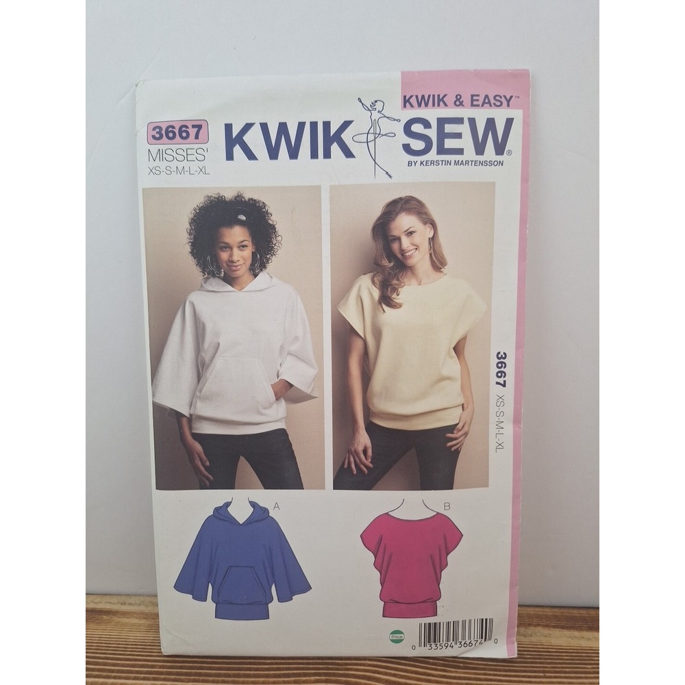 Kwik Sew 3667 Hoodie w Kangaroo Pocket & Dolman Sleeve Pullover Sz XS-XL UNCUT‎